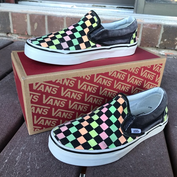multi colored checkerboard slip on vans